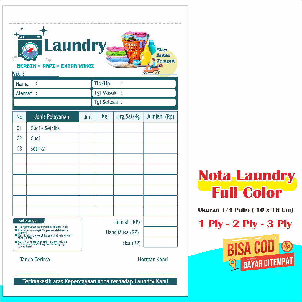 

Nota Laundry Full color nota laundry nota laundry 2 rangkap nota laundry 3 rangkap nota laundry 2 ply nota laundry 1 ply nota laundry 3 ply nota laundry mini nota laundry kiloan nota londry 02B