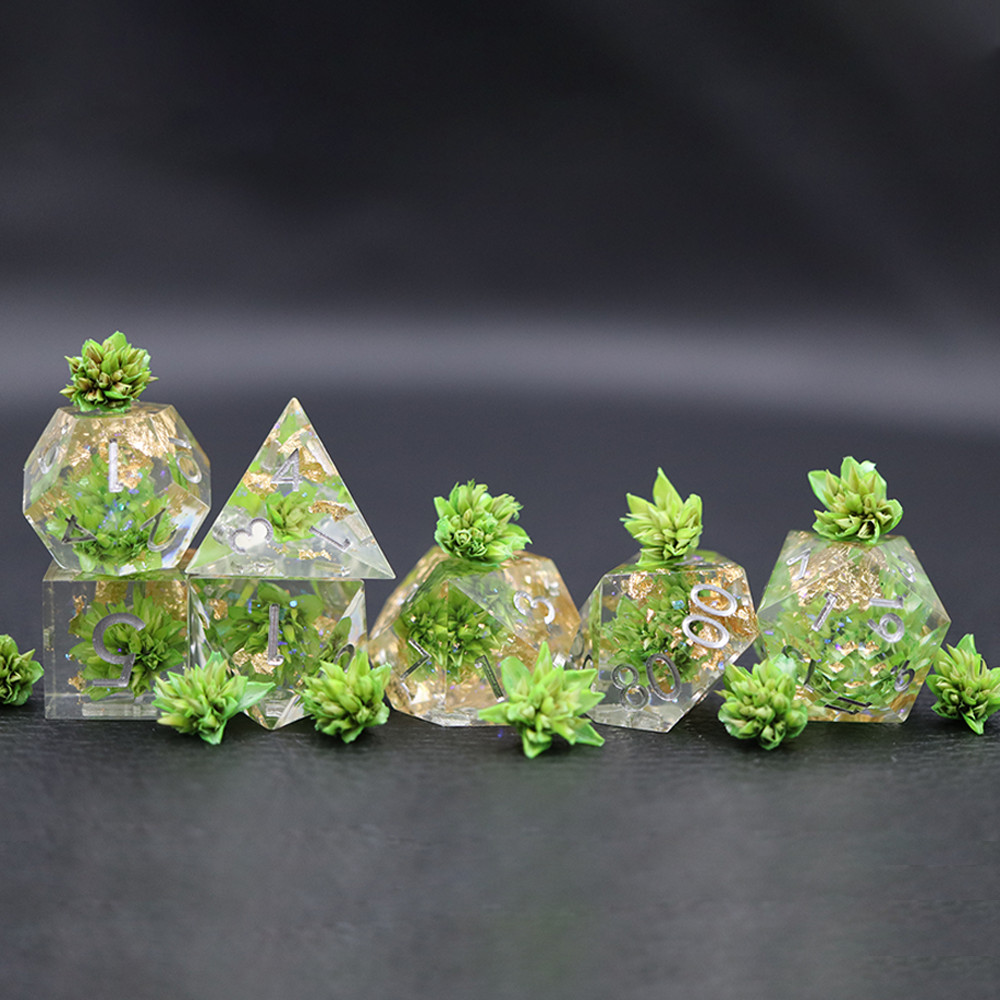 Resin Polyhedral Dice Set, Sharp Edge, Green Flower, Gold Foil, Polyhedral