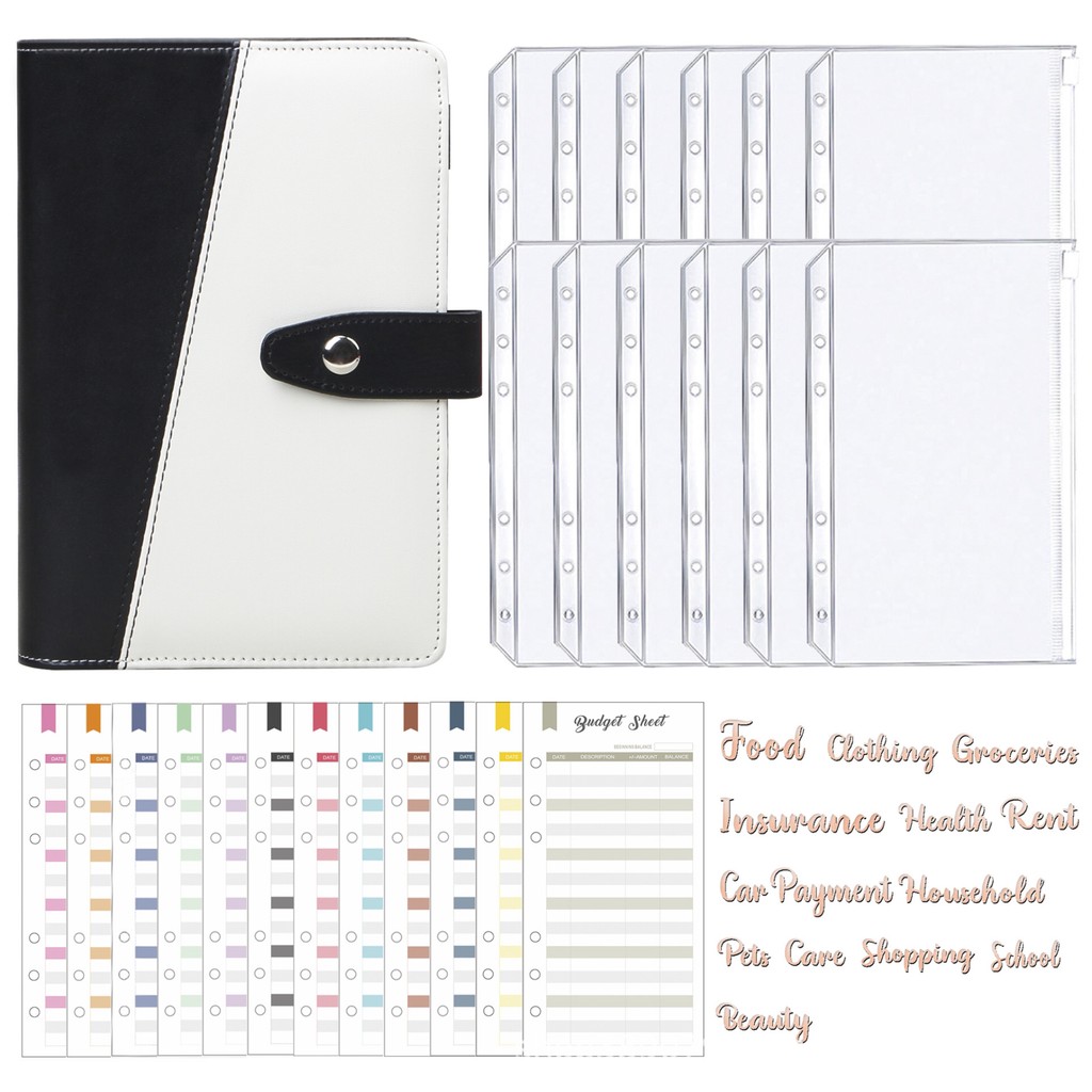

A6 Budget Binder Notebook Planner Organizer with Binder Pockets, Expense Budget Sheets and Letter Sticker Label for Bill Planner