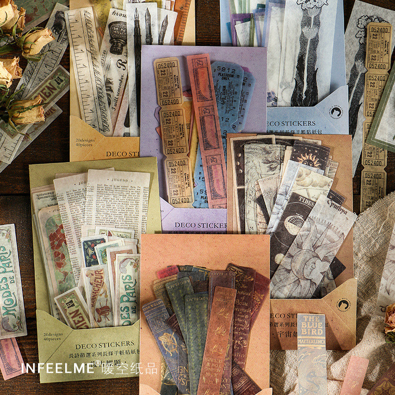 

40 pcs Long Strip Stickers pack Vintage Style Decorative Diary Album Scrapbooking material Stationery Adhesive Diy Sticker