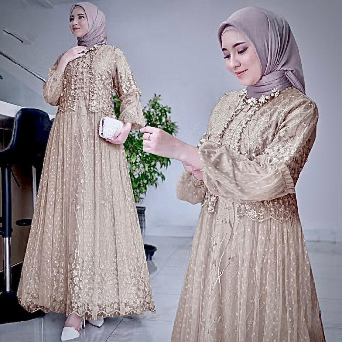 Gamis felika pesta dress brukat tile dot LD 90 100 110 120 130 jumbo biru denim PS - S-M (LD.90cm)