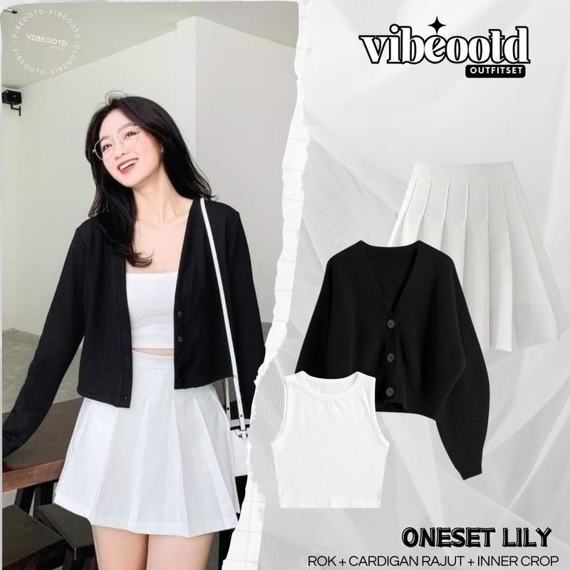 Lily Outfit Set Wanita ( Bawahan Rok Mini Pendek + Atasan Outer Cardigan Rajut Panjang + Inner Crop 