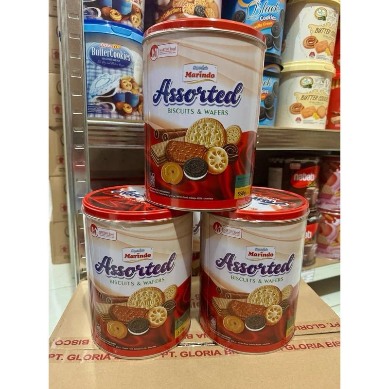 Marindo Assorted Biscuit & Wafer Kaleng Bulat 550gr Ecer 1 Kaleng