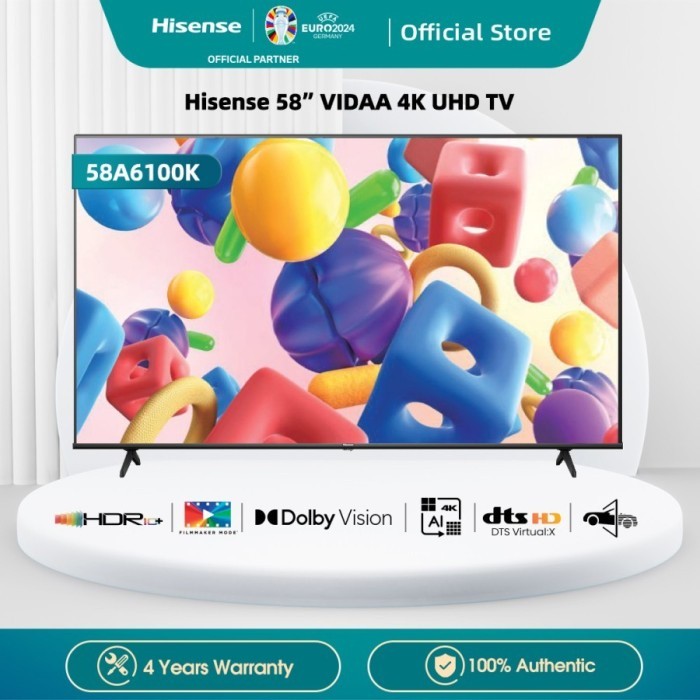 Tv Led 58 inch 4K UHD Hisense 58A6100K VIDAA U5 Smart Tv Bezelles Garansi Resmi Original