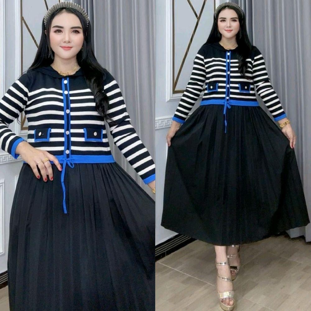 Midi Dress Wanita 2343 Jihan Bahan Rajut Soft Knit Mix Plisket Ld 110 Pb 115