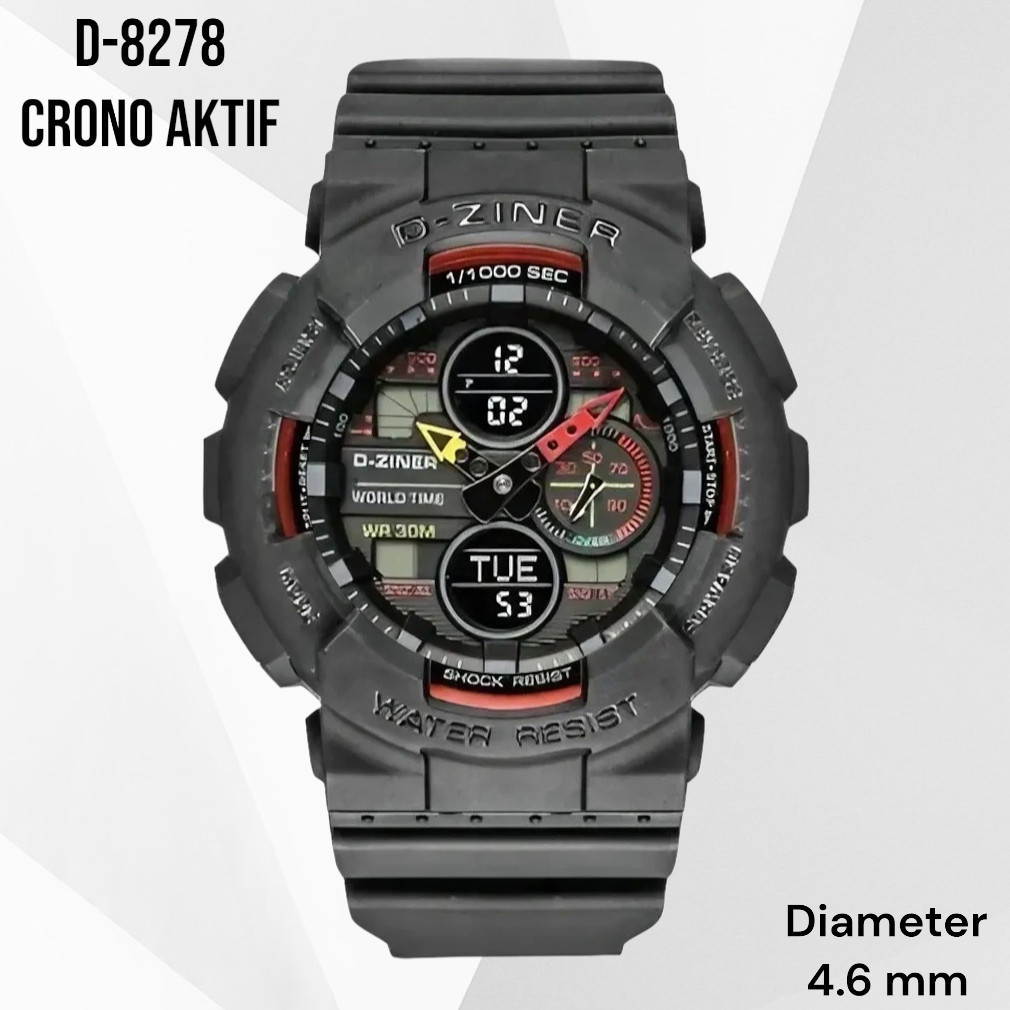 Dziner Jam Tangan Pria Dziner 8278 Rubber Double Time Water Resistant 3 ATM Promo