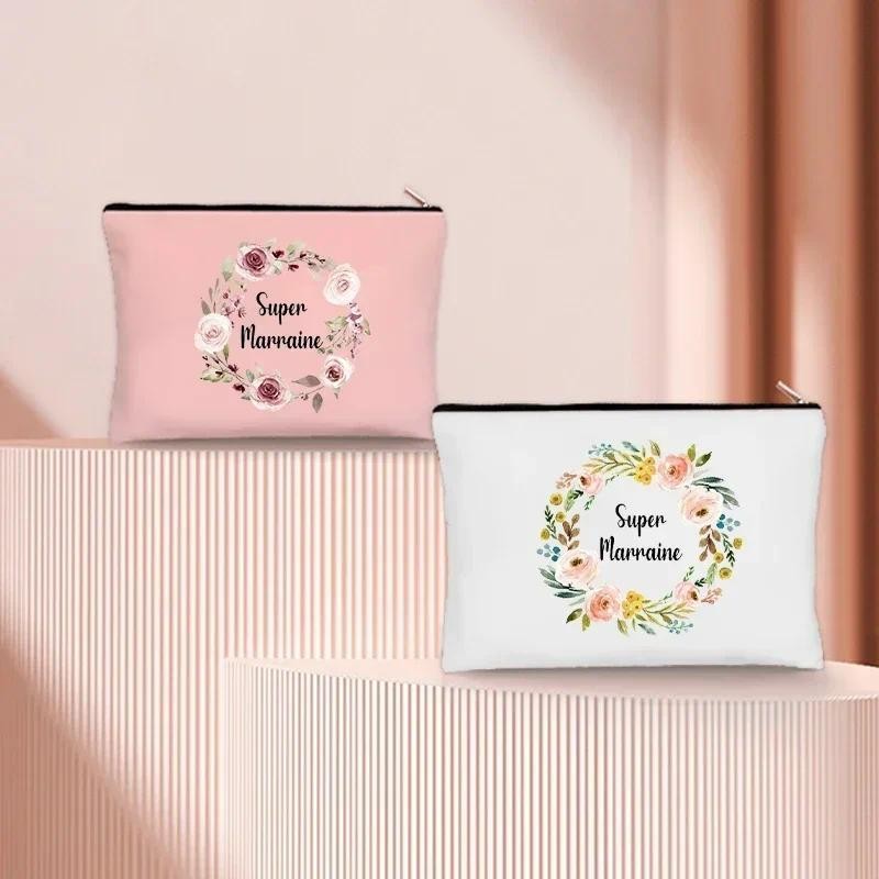 

Super Marraine French Cosmetic Bag Floral Graphic Makeup Bags Pouch Travel Aesthetics Beauty Case Stylish Gift for Godmother