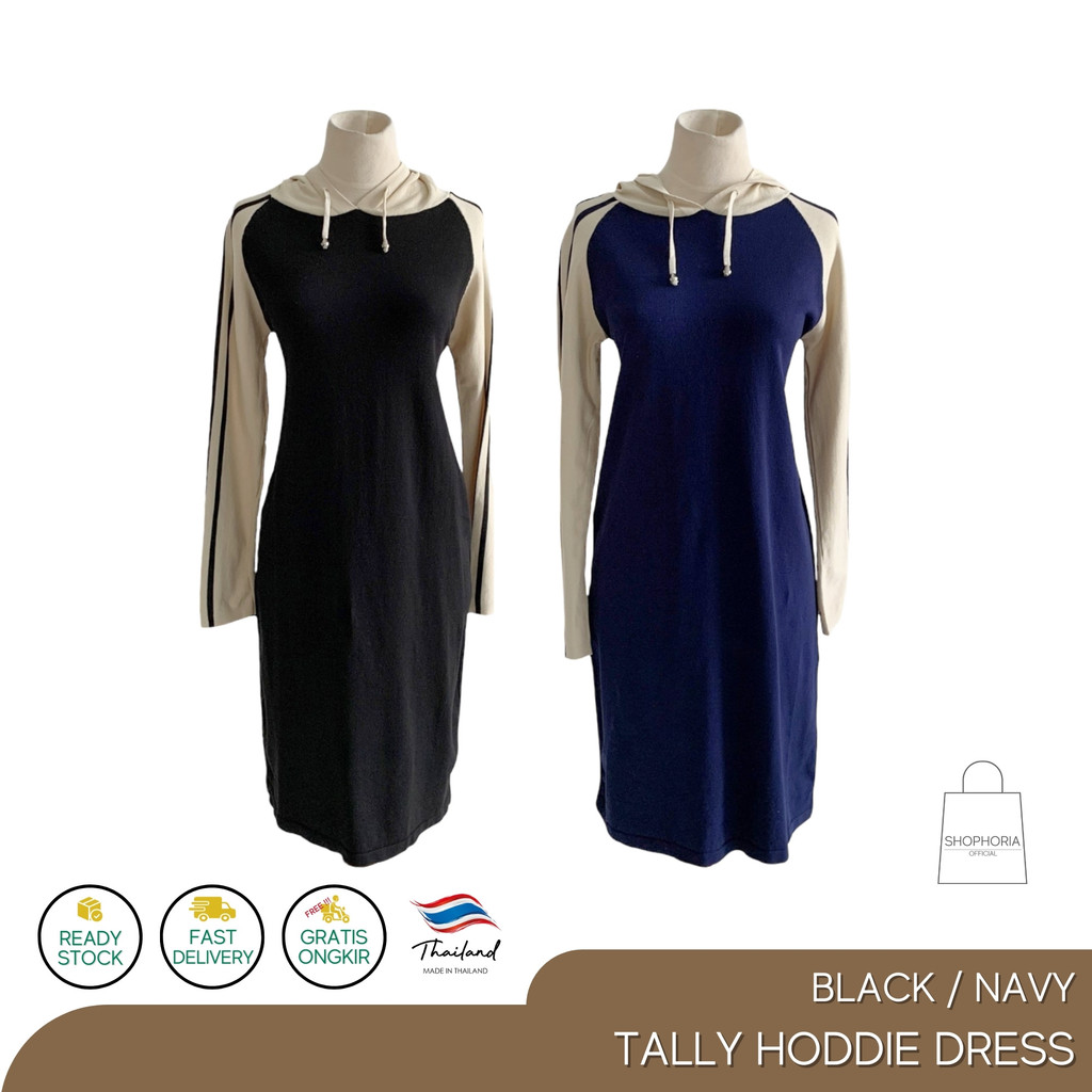 Baju Terusan Midi Wanita Lengan Panjang Impor Thailand Tally Hoodie Dress