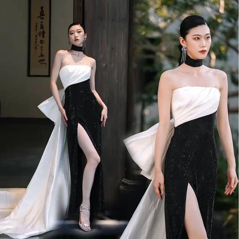 FW24-181006 Gaun Pesta Wanita. Women's Black and White Tube Top Long Slit Wedding Evening Dress