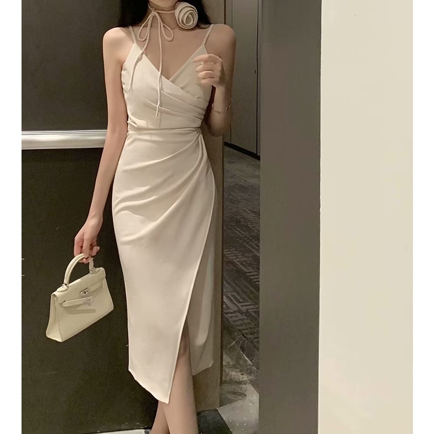 dress putih Pas Body tanpa lengan midi dress terbaru 2024 big size pantai prom korean dress