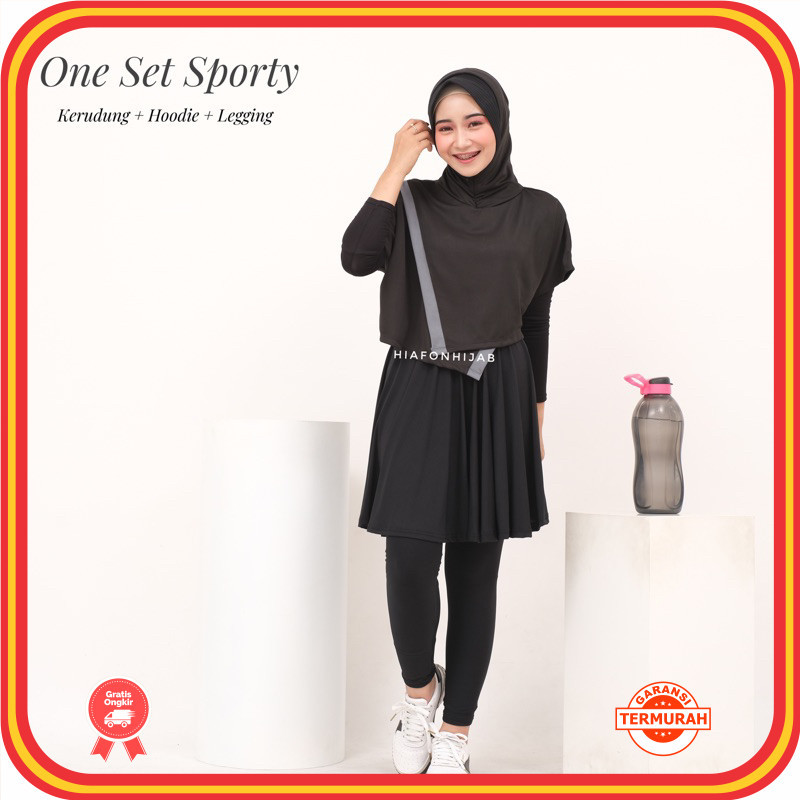 Set Olahraga Murah Bahan Premium Kekinian / One Set Baju Olahraga (Kerudung Hoodie Leggingrok) One S