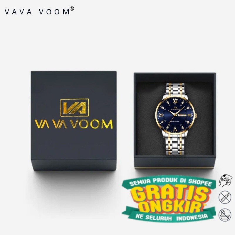 VAVAVOOM 2461 Jam Tangan Pria Original Luxury Rantai Tahan Air Stainless Steel Analog Quartz Watch + Kotak Gratis/ hitam dop polos