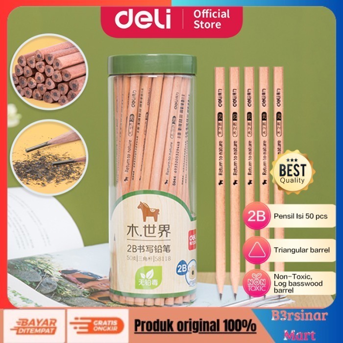 

[[KUALITAS TERBAIK]] Deli Pensil kayu/ Pencil 2B 50pcs/tabung Sudah diasah 58118 COD
