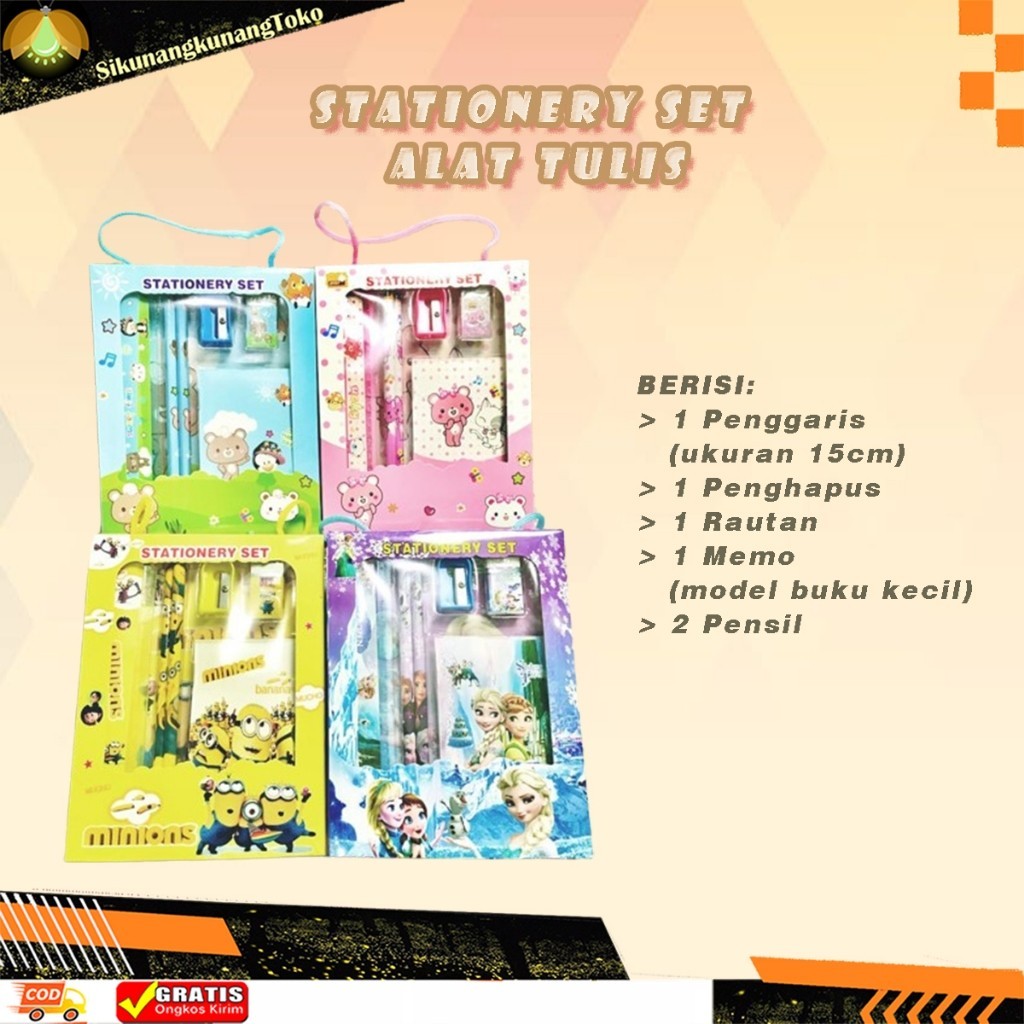 

(SKN) 1 Set Alat Tulis / Study 6 IN 1 Motif Karakter Anak Sekolah Buku Note Pensil Penghapus Pengaris Rautan / Orotan