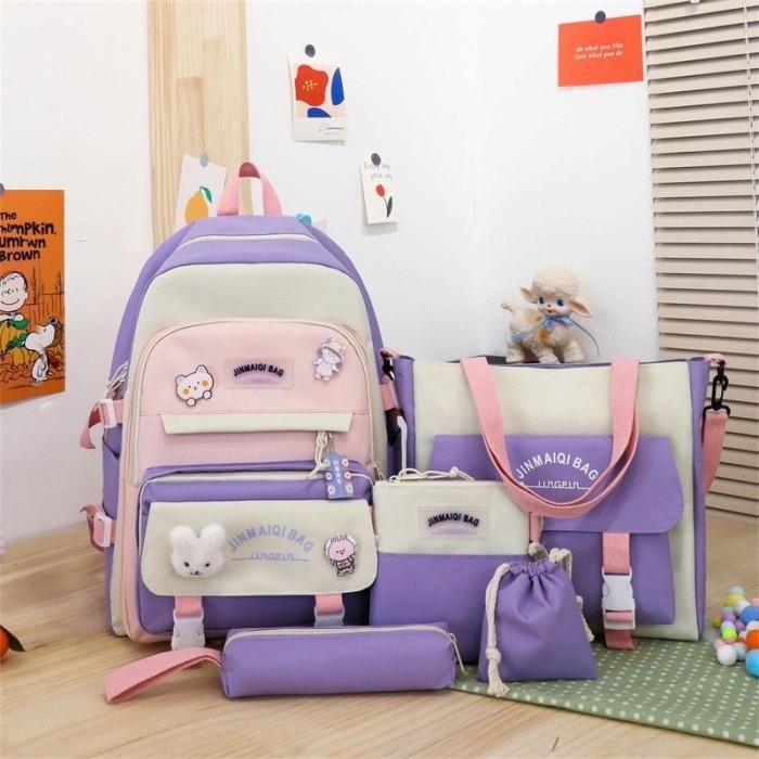 Tas sekolah anak perempuan 5in 1 tas ransel anak tas korea fashion  - Ungu
