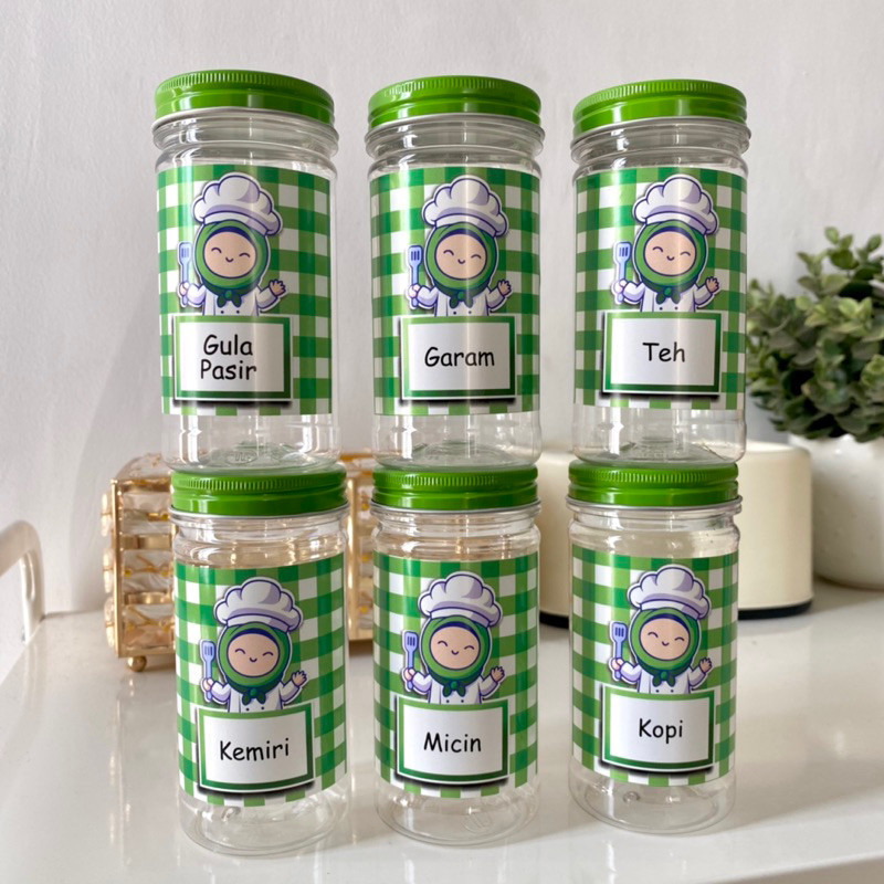 Toples Bumbu Dapur Shabby  200ml Tutup Alumunium Hijau Free Stiker Anti Air (gambar chef Nw)