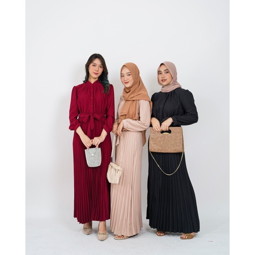 ✨LARIS✨ -Vischa Long Dress Plisket Wanita PREMIUM (bisa bumil & busui) 2384 - Putih, Gamis