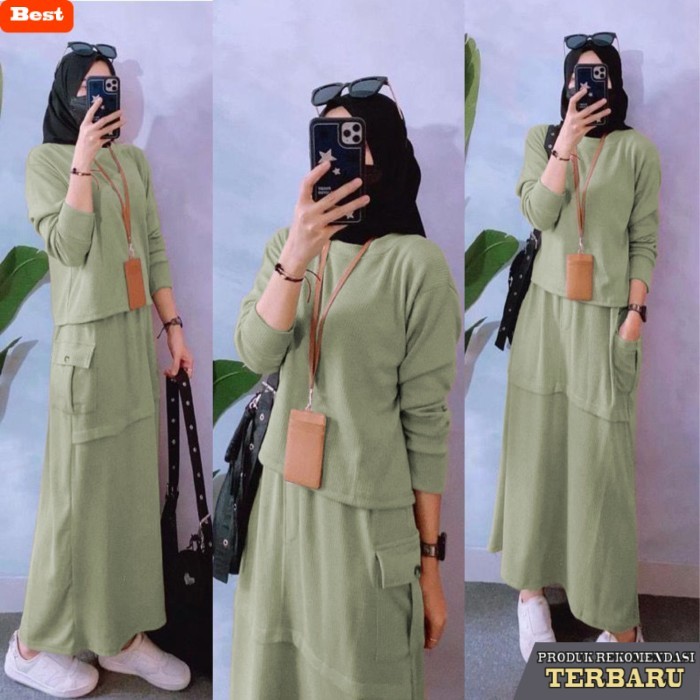 rok wanita kekinian Yeira Setelan Sporty Blouse Rok Cargo Waffle Knit Wanita Korean Style - Mint