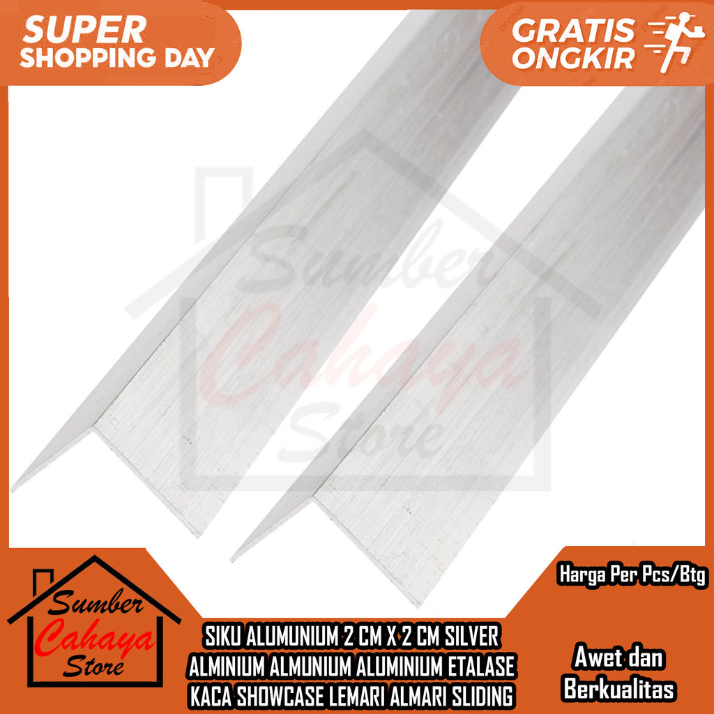 List Almunium Siku 2 cm x 2 cm Lis Aluminium  Alminium Lemari Etalase Rak Silver Kanal Ch Kanopi Sik