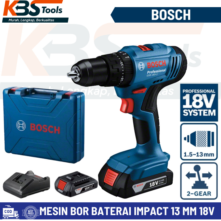 Mesin Bor Baterai Cordless Impact Bosch 13mm 18V (2 Baterai) GSB 183-LI