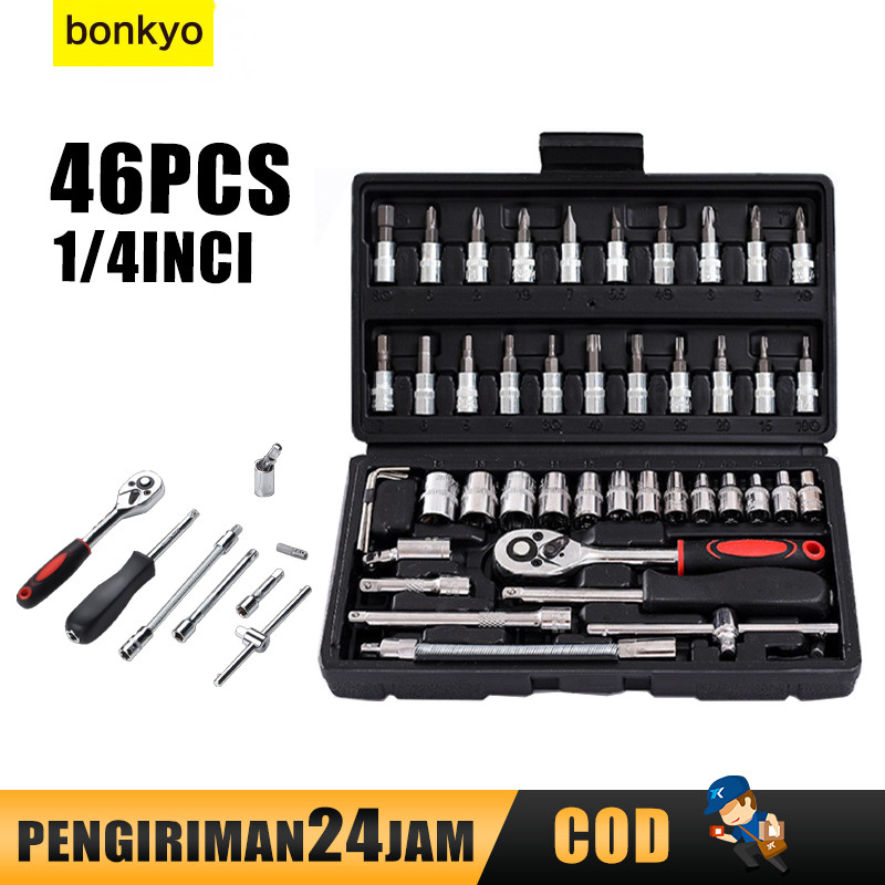 Bonkyo Kunci SOK 46 PC Set Socket (1/4 ") Full Lengkap Socket Tool Kit Pas Ring L Motor Mobil