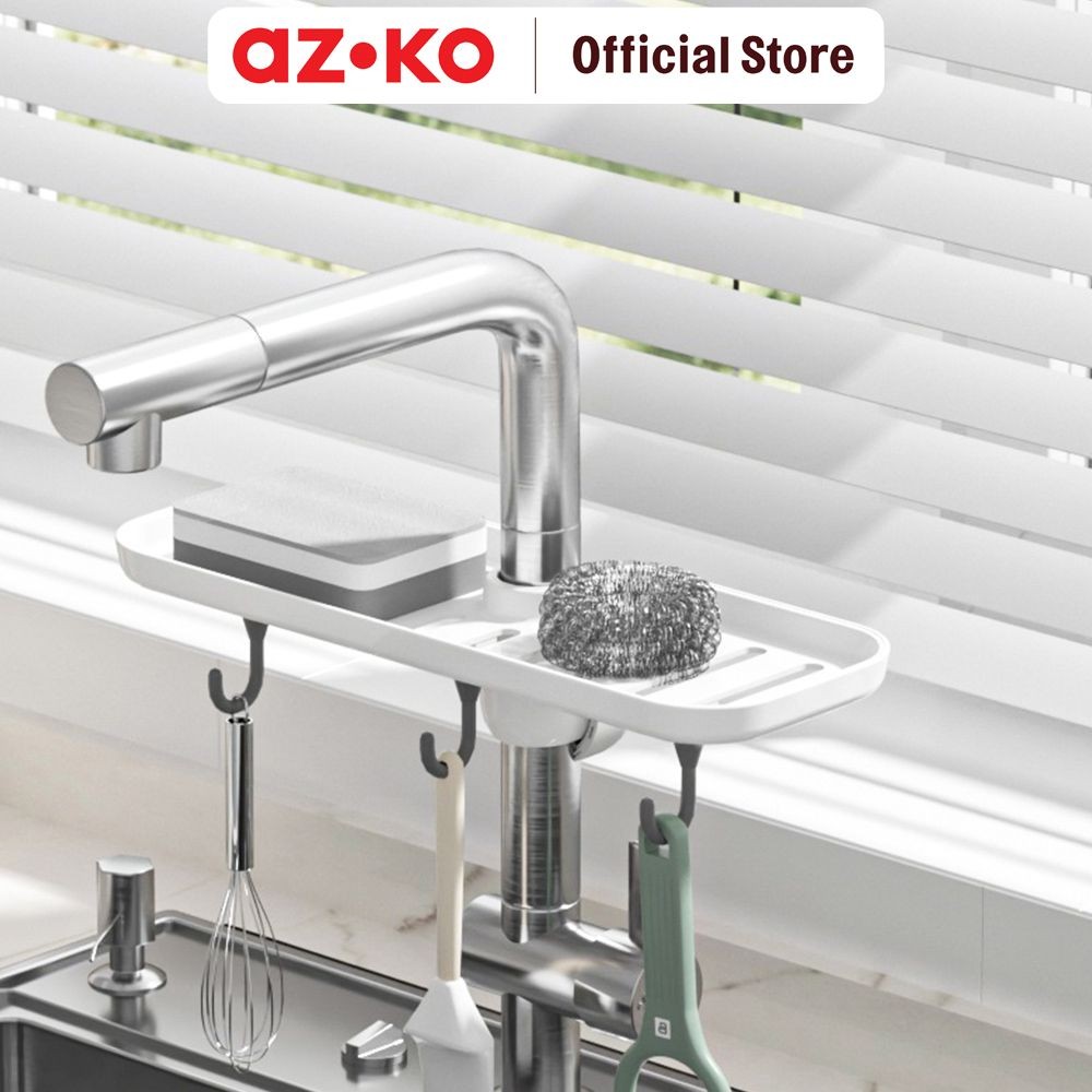 AZKO Stora Rak Gantungan Keran Air Long - Putih Tempat Simpan Sponge Cuci Piring Wadah Gantung Keran