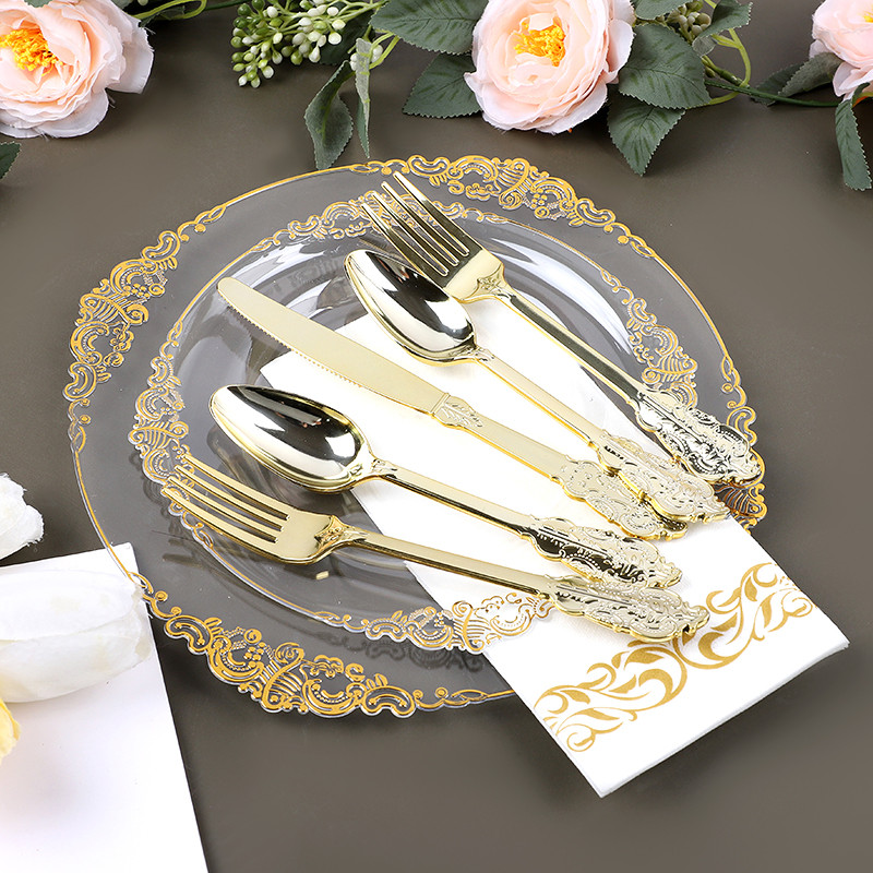 

White Gold Disposable Tableware Plastic Forks Knives Cups Napkin Plates Birthday Wedding Baby Shower Party Table Decor Supplies