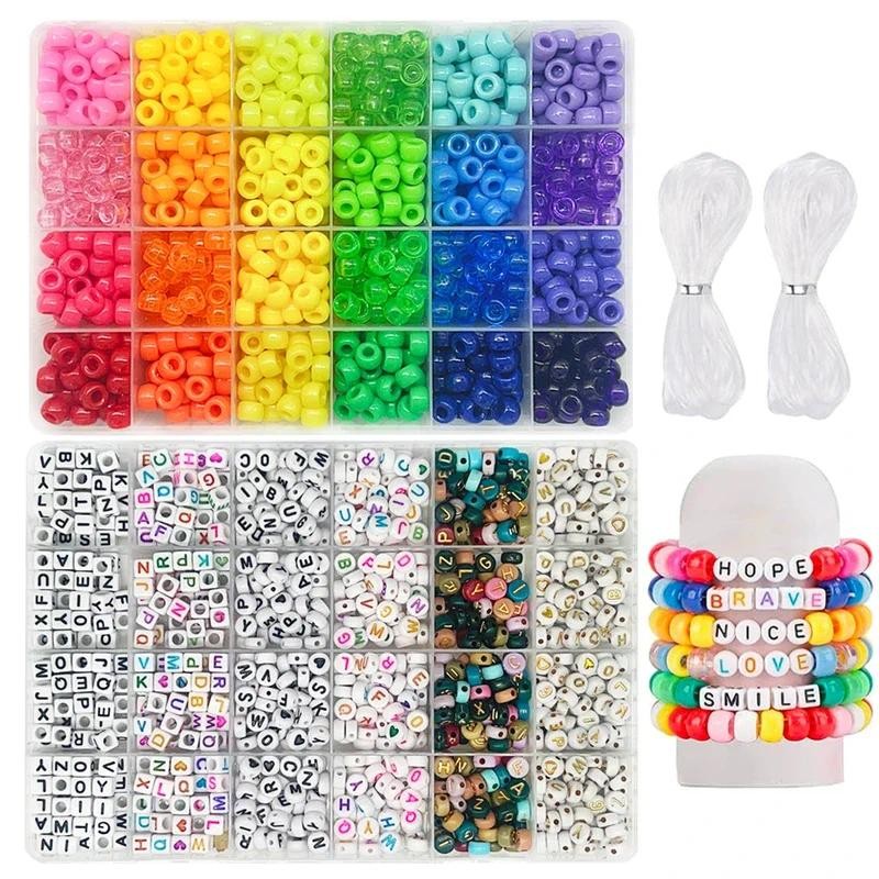 

Pony Beads Friendship Bracelet Kit – 24 Colors Kandi Beads Set, 980pcs Plastic Rainbow & Letter Beads for DIY Jewelry Making