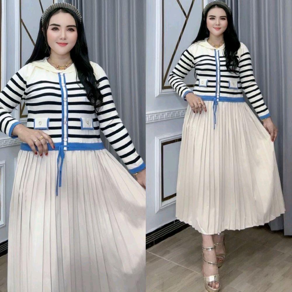 JIHAN - Pakaian Wanita Midi Dress  2343 Bahan Rajut Soft Knit Mix Plisket Ld 110 Pb 115