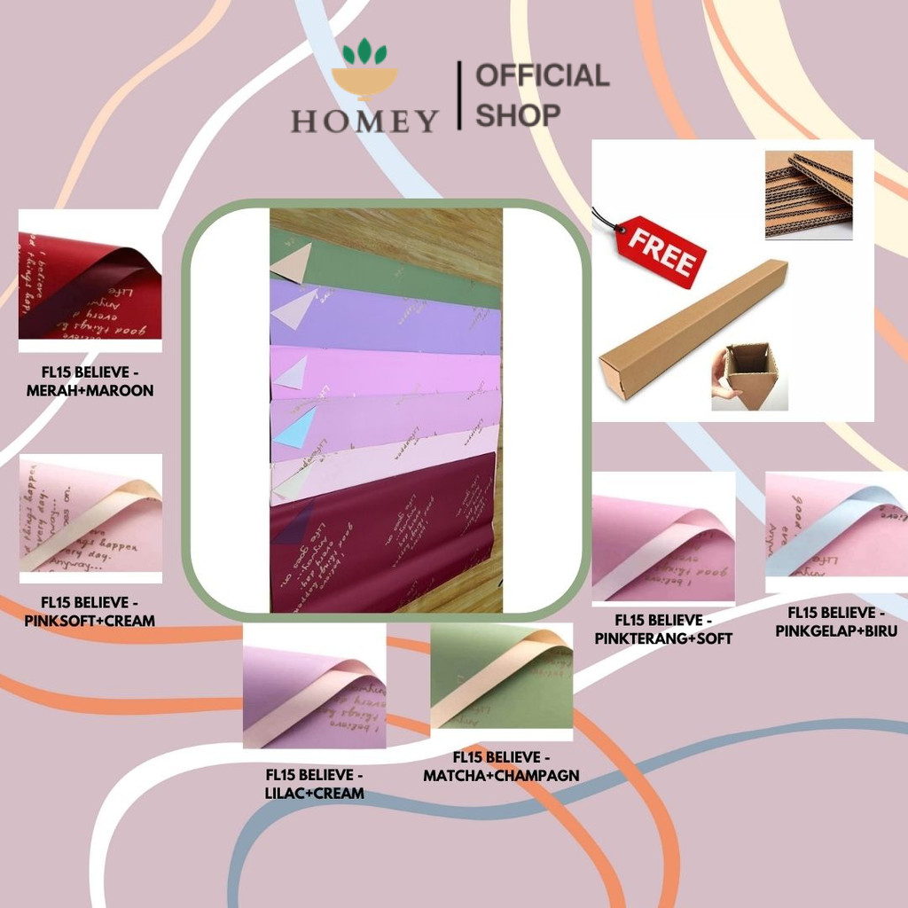 

HOMEY - (5 LEMBAR) - FL15 BELIEVE Kertas Bunga Paper Buket Motif Tulisan Text Florist Cellophane