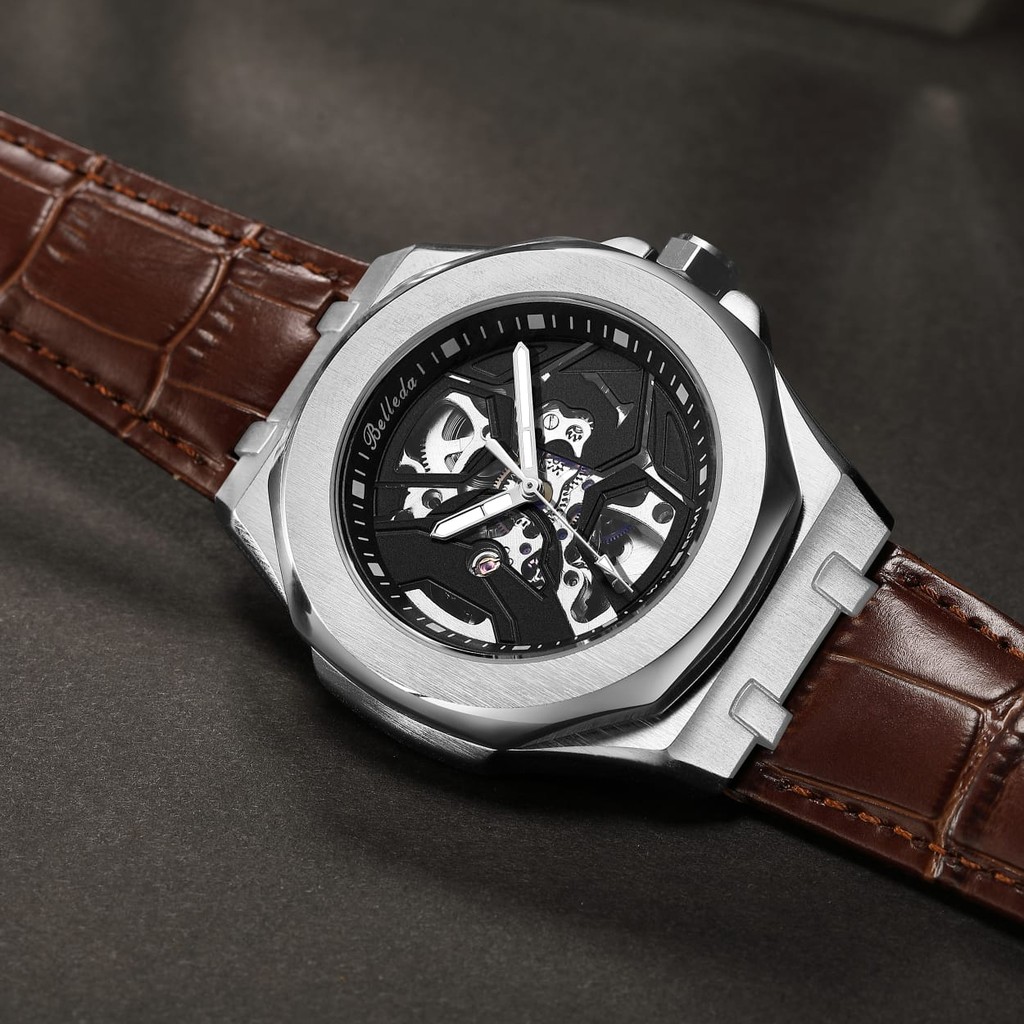 Jam Tangan Pria Belleda Automatic B 9608 Tali Kulit Anti Air Tanpa Baterai