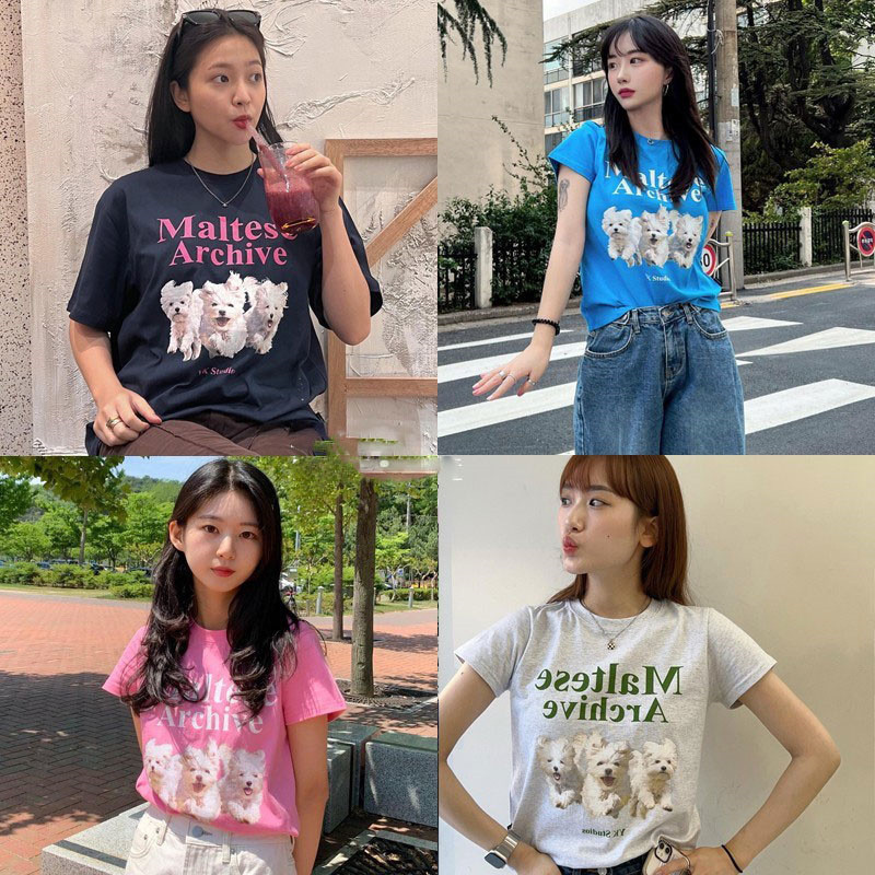 Desainer Korea WAIKEI BYYKSTUDIOS kaos lengan pendek motif anak anjing atasan kasual modis