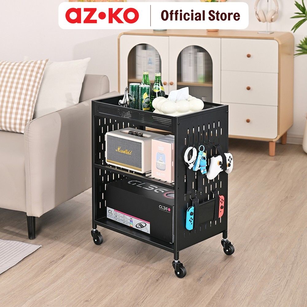 AZKO Stora Taku Rak Troli 3 Tingkat - Hitam Tempat Penyimpanan Multifungsi Storage Trolley Wheels Ra