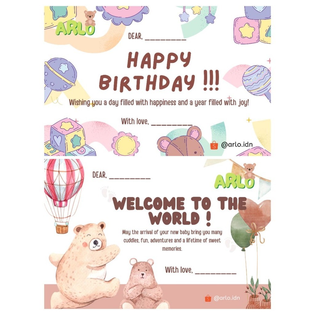 Kartu Ucapan Ulang Tahun Birthday Welcome Congratulations Anak Bayi Boy Girl Greeting Card Baby New Born Kids Arlo Lucu Murah Hadiah Kado Custom