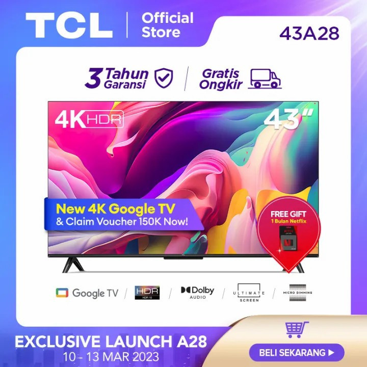 SPESIAL PROMO 70% LED TV TCL ANDROID GOOGLE TV SMART 43 INCH 43" 43A28