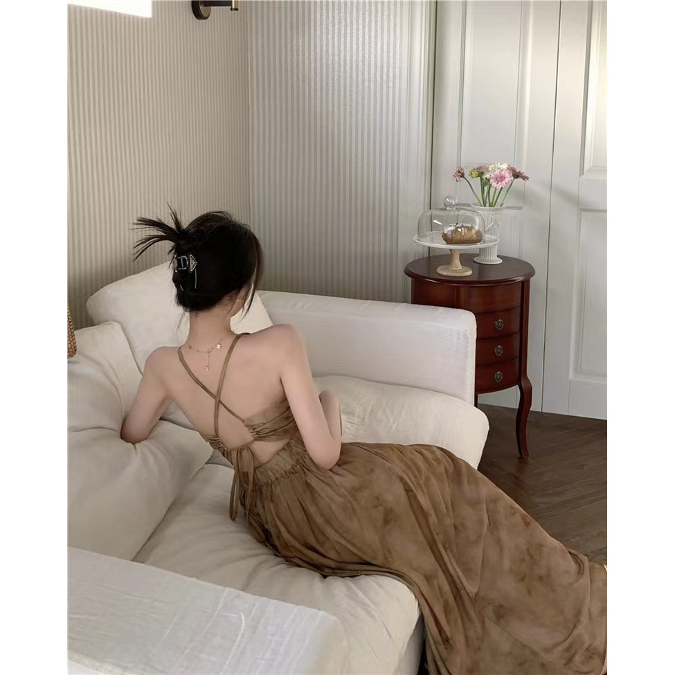 Long Dress Seksi Punggung Terbuka motif Abstrak Tua Coklat Copper - Busana Casual Kasual / Korean St