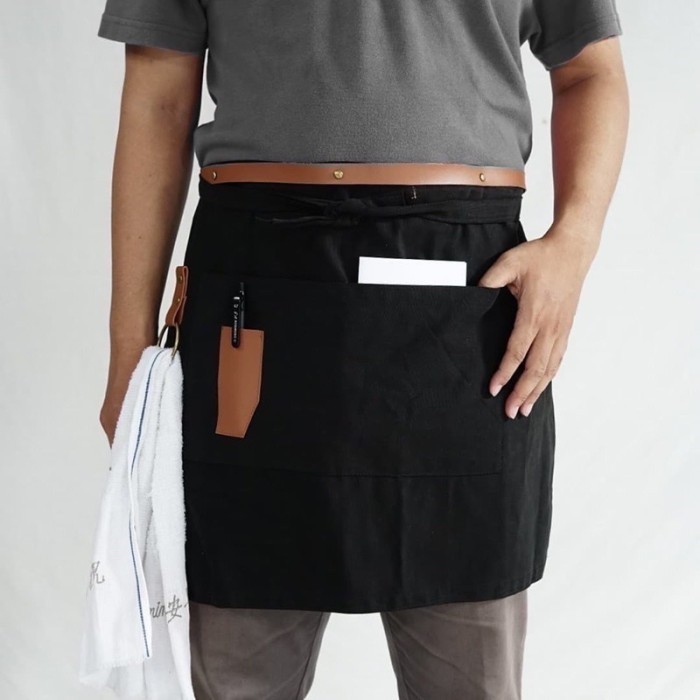 Apron Mini Celemek Mini Waiters Apron Stengah Badan Apron Waiters Chef - Hitam -R