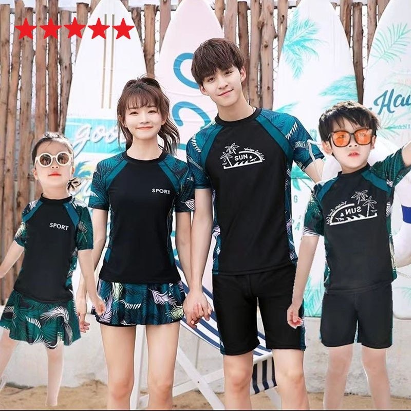 Family Set Setelan Couple Baju Renang Wanita Pria Keluarga Lengan Pendek Pakaian Dewasa Orang Tua-an