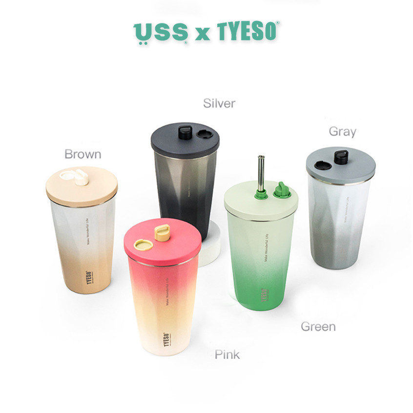 USS x Tyeso Tumbler Gelas Kopi Portable 600ml Stainless Steel Free Sedotan Gradasi Warna Mewah Origi