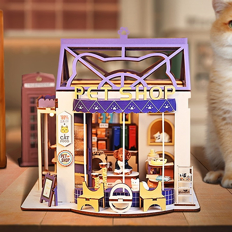 Pet Shop 3D Puzzle Mini Doll House Kit Assembly Building Model Street View DIY Children's Toys Home 