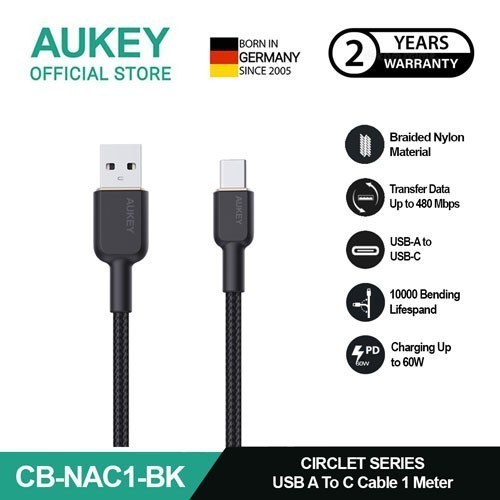 AUKEY Kabel Charger Type C Braided Nylon USB-A to USB-C 1 M