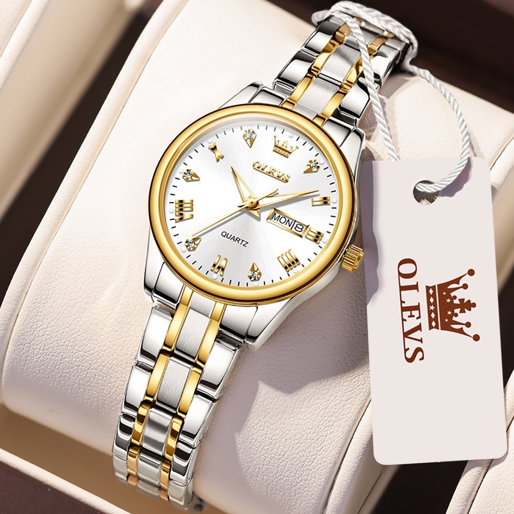 Olevs Jam Tangan Wanita Emas Anti Air Original Stainless Steel Cewek Kalender Bercahaya Luminous Wom