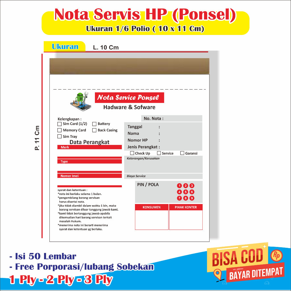 

Nota servis hp ukuran 1/6 polio 10 x 11 cm buku nota servis hp cetak nota servis hp nota servis nota toko servis hp nota servis ponsel