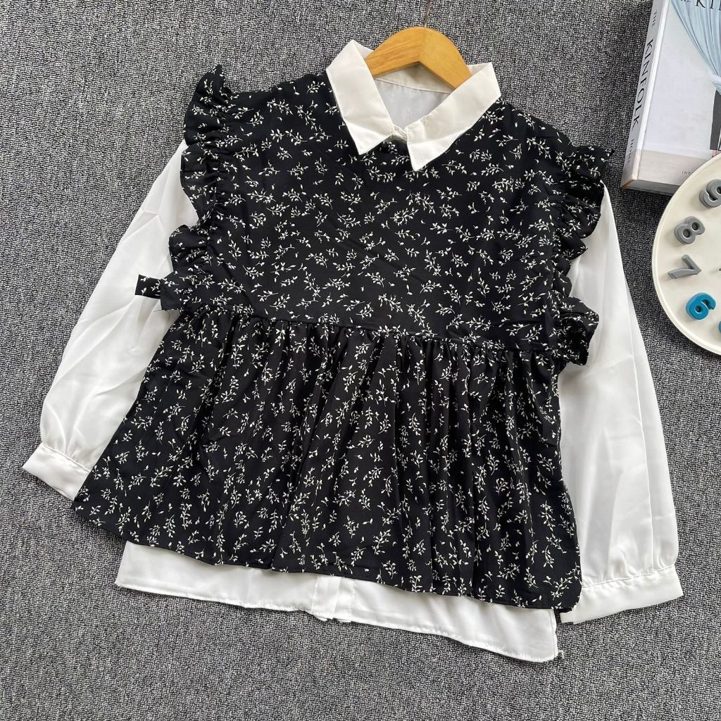 SETELAN ATASAN WANITA LENGAN PANJANG / KEMEJA POLOS WANITA+ROMPI VEST / ATASAN VINTAGE KOREAN STYLE