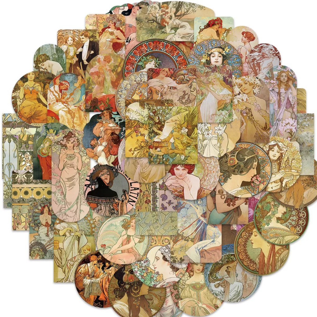 

[ , ] 3pcs Stiker Alphonse Maria Mucha Stiker Lukisan Minyak retro art graffiti hand Ledger