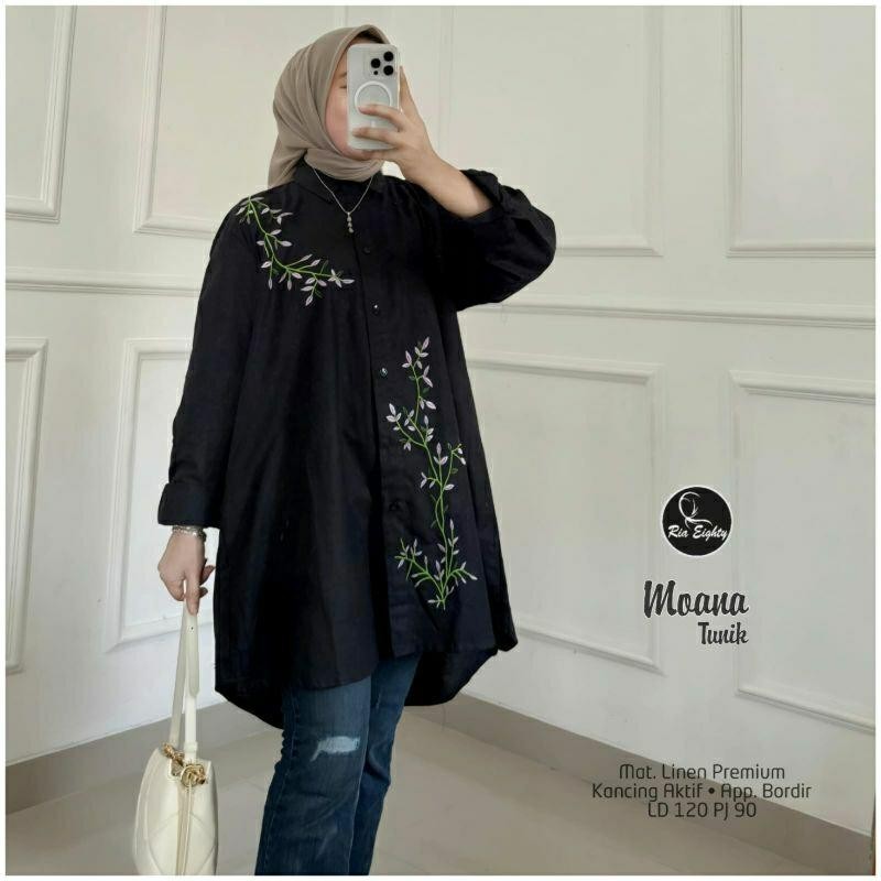 TERBARU Atasan wanita Moana Tunik Jumbo LD 120 PB 90 Bahan Linen Premium Busui Friendly App Bordir