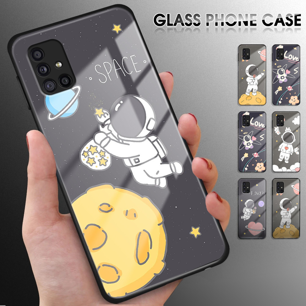 For Samsung Galaxy A11 A21S A31 A51 A71 M11 Luxury Soft Edge Cartoon Astronaut Glossy Casing Tempere