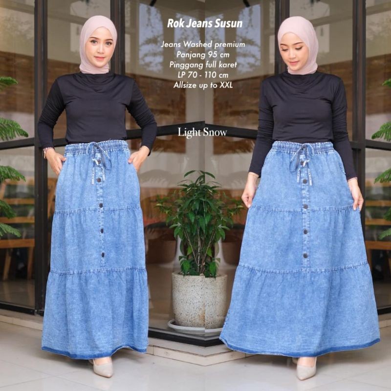 Rok Jeans Susun / Rok Panjang / Rok Payung / Rok Lebar / Rok Jumbo