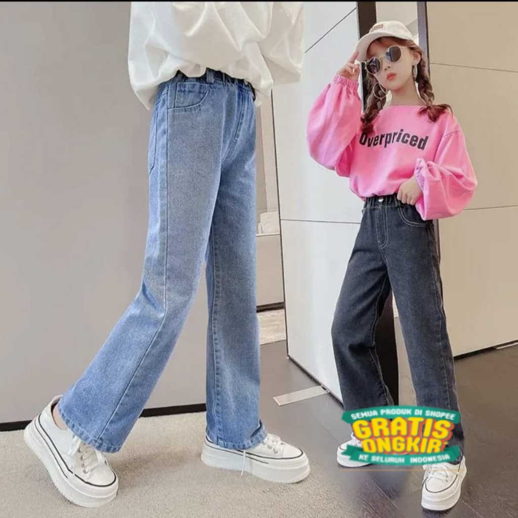 CELANA PANJANG JEANS ANAK PEREMPUAN UMUR 6-13 TAHUN KULOT JEANS DENIM POLOS HIGHWAIST/ sage hijau to
