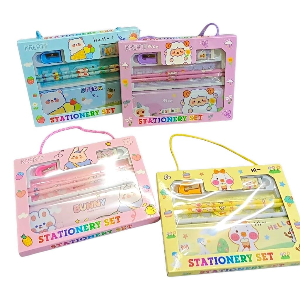 

JP Set Stationery Alat Tulis Pensil Penghapus Rautan Penggaris Kotak Pensil ATK Alat Tulis Sekolah Kantor Kado Souvenir Ulang Tahun Anak